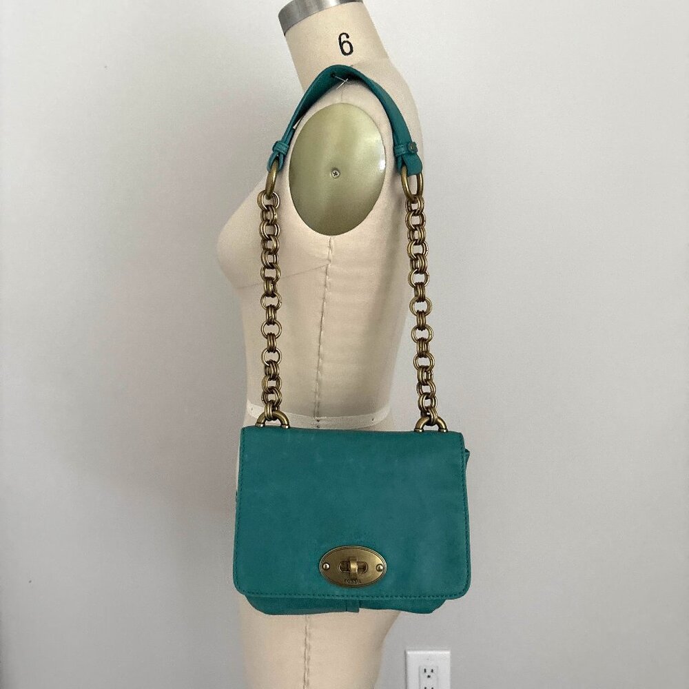 Fossil Cori Mini Flap Crossbody Shoulder Bag Leather Turquoise/Teal Gold Chain